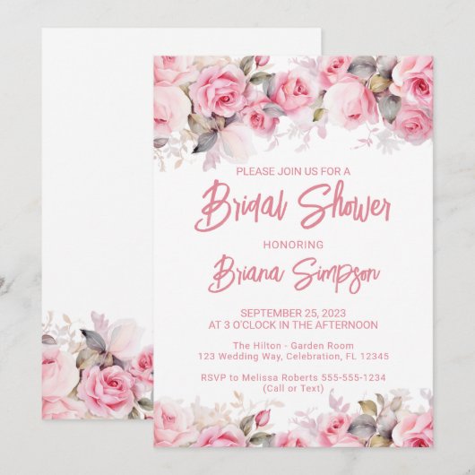 Rosarote Florale Brautparty  Einladung (Vorne/Hinten)