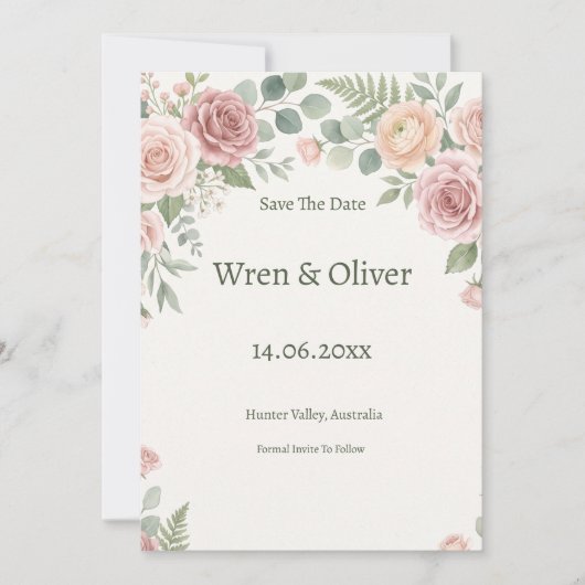 Rosarote Gartenrose Floral Save The Date (Vorderseite)