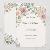 Rosarote Gartenrose Floral Save The Date (Vorne/Hinten)