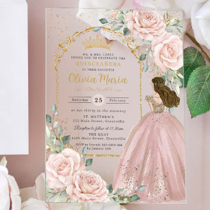 Rosarote Rosen Florale Goldene Quinceañera Sweet 1 Acryleinladungen