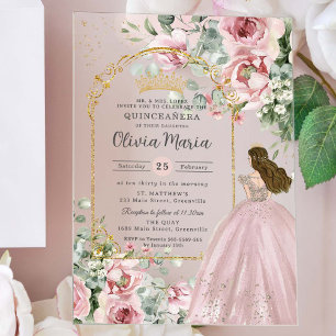 Rosarote Rosen Florale Goldene Quinceañera Sweet 1 Acryleinladungen