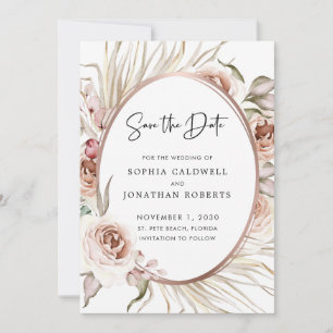 Rosarote Rosen Getrocknete Palme Boho Hochzeitsein Save The Date
