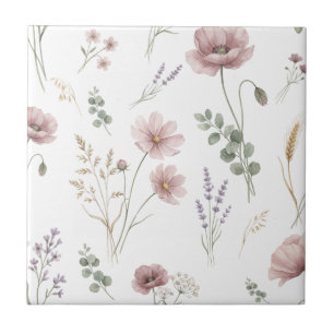 Rosarote Salbei-Grün-Aquarell-Wildblume Fliese