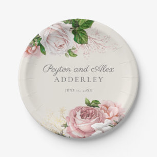 Rosarote Vintage-Rosen Florale Hochzeit Pappteller