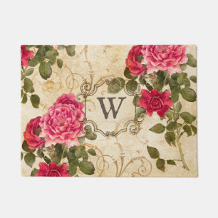 Rosarote Vintage Rosen-mit Monogramm Initiale Fußmatte