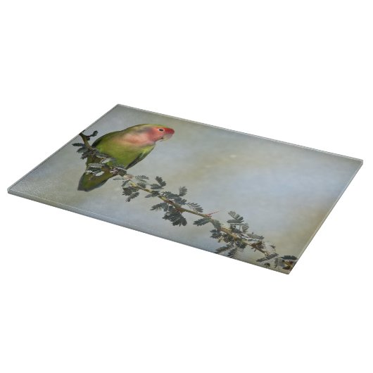 Rosaroter Liebesvogel auf dem Zweig Schneidebrett (Ecke)