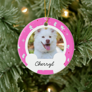 rosarotes Weihnachtsfoto mit individuellem Hund Keramik Ornament