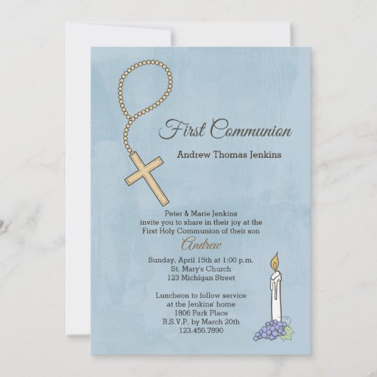 Rosary Beads, Candle Blue First Communite einladen Einladung (Vorderseite)