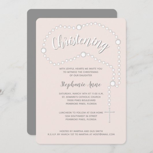 Rosary Christening on Pink Einladung (Vorne/Hinten)