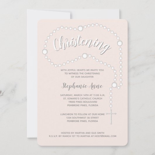 Rosary Christening on Pink Einladung (Vorderseite)