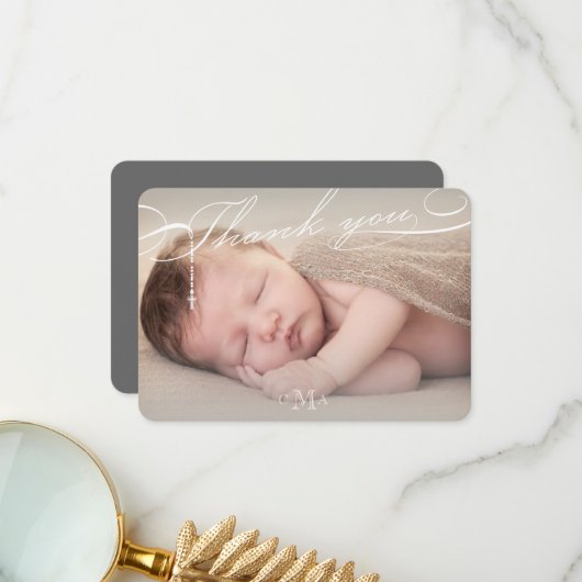 Rosary Cross Monogram Script Foto Religious Dankeskarte (Vorderseite/Rückseite Beispiel)