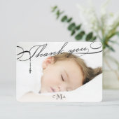 Rosary Cross Monogram Scripted Foto Religious Dankeskarte (Stehend Vorderseite)