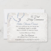 Rosary und Lace First Communion Blue Einladung (Vorderseite)