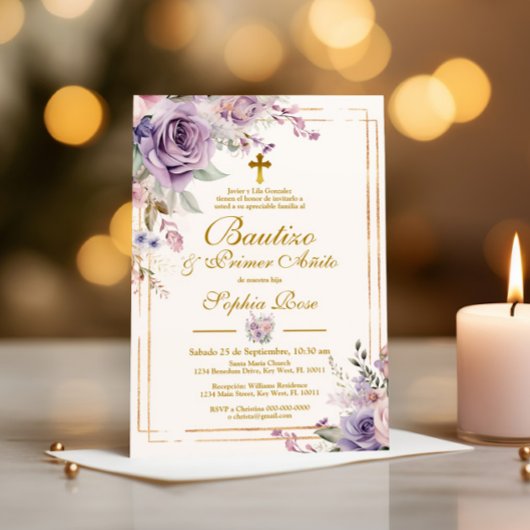 Rosas Moradas para Bautizo & Primer Añito Einladung