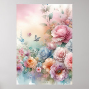 Rosas Vintage Farbe Pastell mit Schmetterling Poster