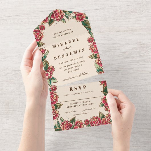 Rose Alte Schule All In One Einladung (Abreißen)