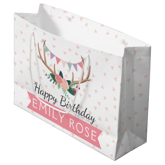 Rose Antlers & Party Jagd Mädchen Geburtstag Große Geschenktüte (Vorderseite Schrägansicht)