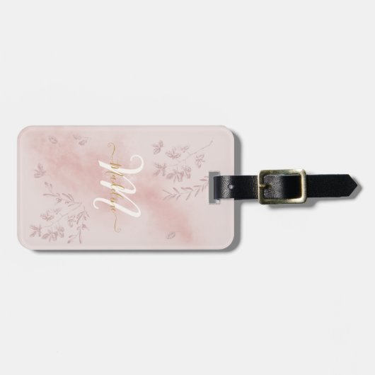 Rose Aquarell-Blätter Name Monogramm Gepäckanhänger (Vorderseite horizontal)