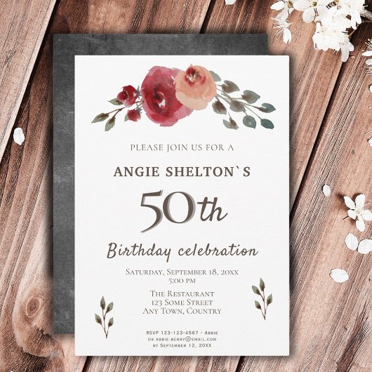 Rose Aquarell Blume Floral 50. Geburtstag Einladung
