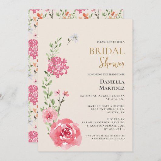 Rose Aquarell Brautparty Einladung (Vorne/Hinten)