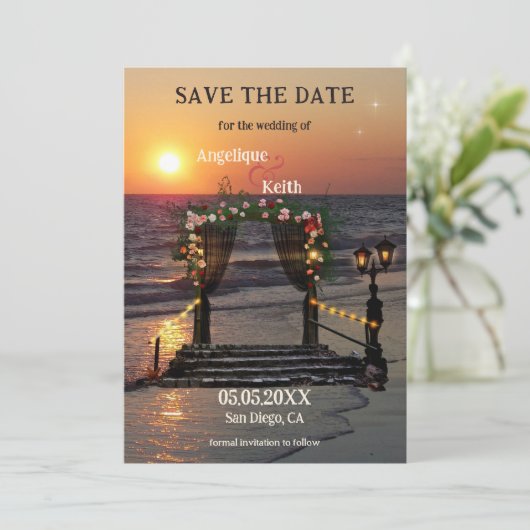 Rose Arbor Beach Sunset QR-Code Save the Date Kart (Stehend Vorderseite)
