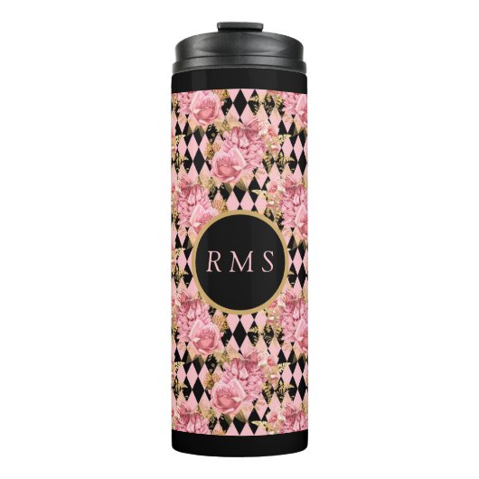 Rose auf Harlequin Monogram Thermosbecher (Vorderseite)