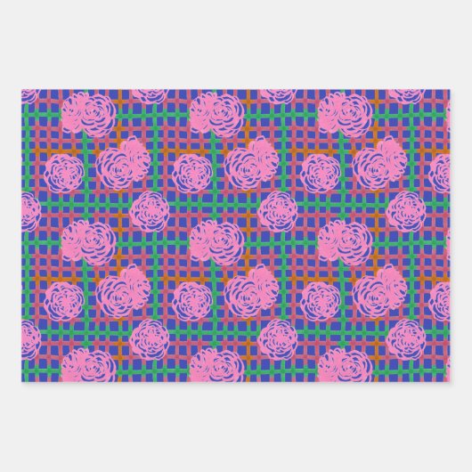 Rose auf Kariertem Muster - rosa Geschenkpapier Set (Vorderseite 2)
