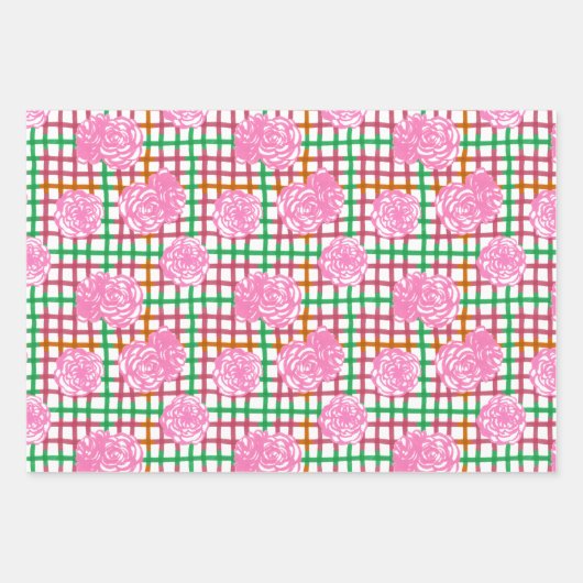 Rose auf Kariertem Muster - rosa Geschenkpapier Set (Vorderseite)