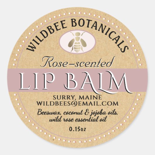 Rose auf Kraft BeesWachs Lip Balm mit gepunkteter  Runder Aufkleber (Vorderseite)