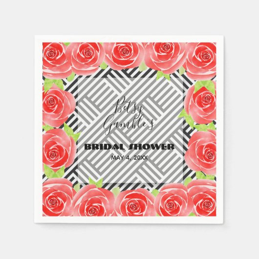 Rose auf schwarzen und weißen Streifen Napkins Serviette (Vorderseite)