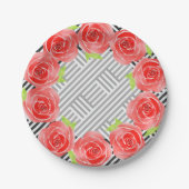 Rose auf schwarzen und weißen Streifen Pappteller (Vorderseite)