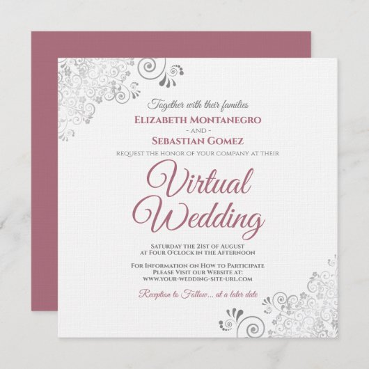 Rose auf White Silver Curls Elegantes Virtual Wedd Einladung (Vorne/Hinten)