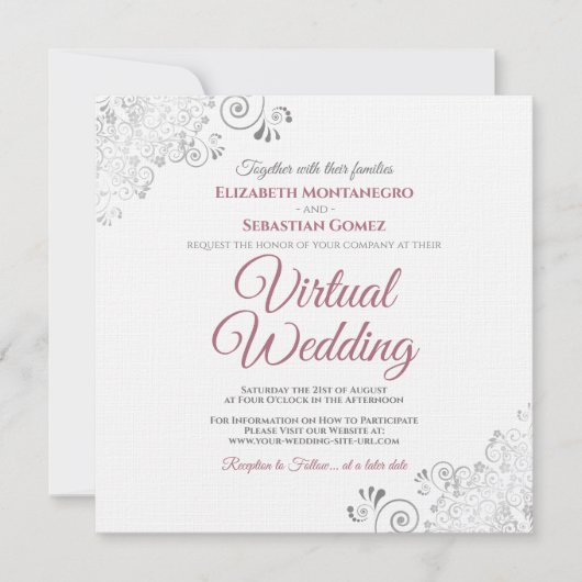 Rose auf White Silver Curls Elegantes Virtual Wedd Einladung (Vorderseite)
