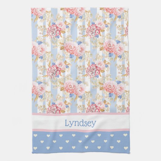 Rose aus der antiken Hütte, Blau- und Weißherz Geschirrtuch (Vertikal)