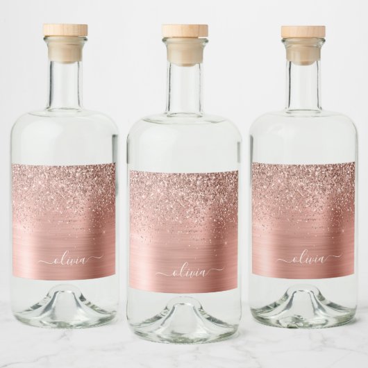 Rose aus gebürstetem Metall, Gold Rosa Glitzer Mon Alkoholflaschenetikett (Flaschen)