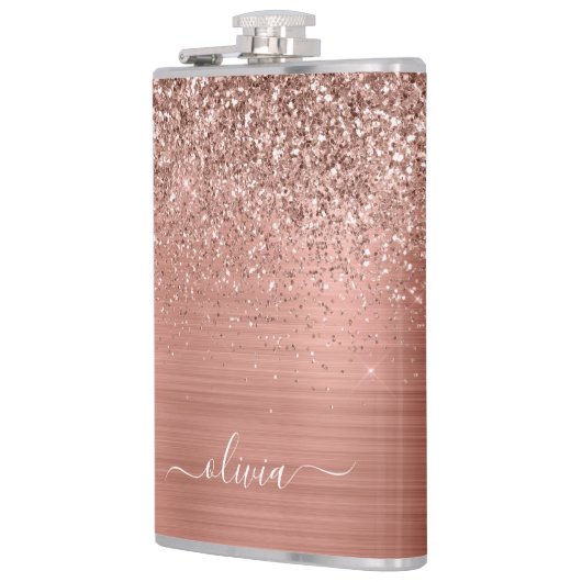 Rose aus gebürstetem Metall, Gold Rosa Glitzer Mon Flachmann (Links)