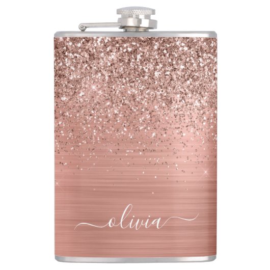 Rose aus gebürstetem Metall, Gold Rosa Glitzer Mon Flachmann (Vorderseite)