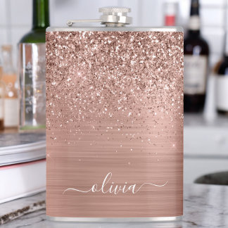 Rose aus gebürstetem Metall, Gold Rosa Glitzer Mon Flachmann