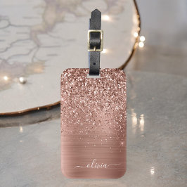 Rose aus gebürstetem Metall, Gold Rosa Glitzer Mon Gepäckanhänger