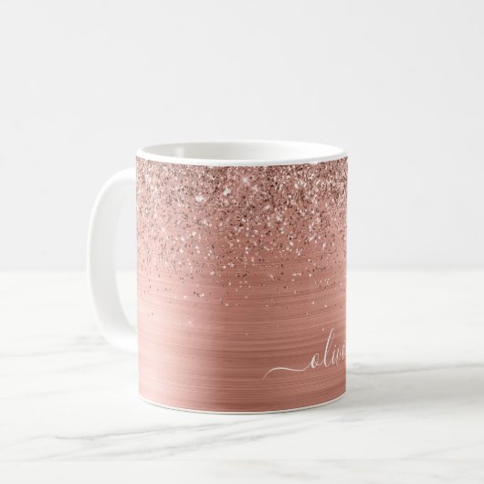 Rose aus gebürstetem Metall, Gold Rosa Glitzer Mon Kaffeetasse (Vorderseite Links)