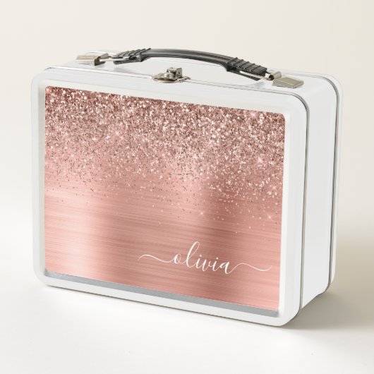 Rose aus gebürstetem Metall, Gold Rosa Glitzer Mon Metall Brotdose (Vorderseite)