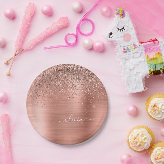 Rose aus gebürstetem Metall, Gold Rosa Glitzer Mon Pappteller (Party)