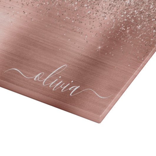 Rose aus gebürstetem Metall, Gold Rosa Glitzer Mon Schneidebrett (Ecke)