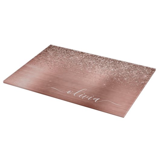 Rose aus gebürstetem Metall, Gold Rosa Glitzer Mon Schneidebrett (Ecke)