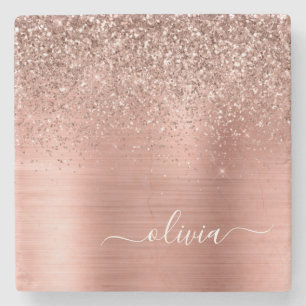 Rose aus gebürstetem Metall, Gold Rosa Glitzer Mon Steinuntersetzer