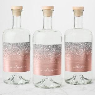 Rose aus gebürstetem Metall Gold Silber Glitzer Mo Alkoholflaschenetikett
