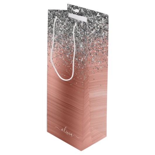 Rose aus gebürstetem Metall Gold Silber Glitzer Mo Geschenktüte Für Weinflaschen (Vorderseite Schrägansicht)