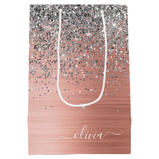 Rose aus gebürstetem Metall Gold Silber Glitzer Mo Mittlere Geschenktüte (Rückseite)