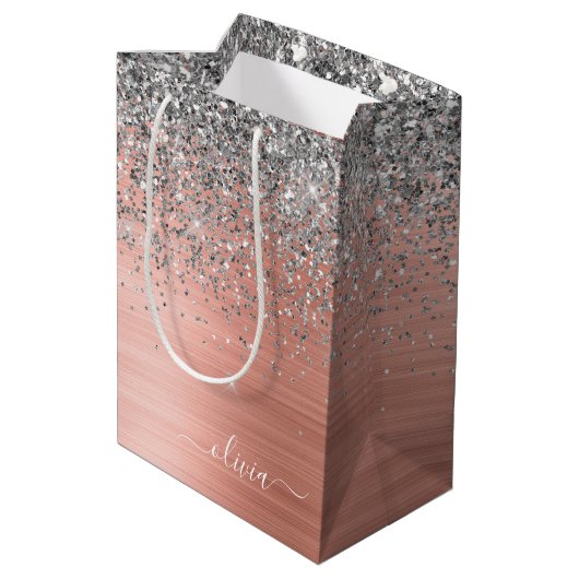 Rose aus gebürstetem Metall Gold Silber Glitzer Mo Mittlere Geschenktüte (Rückseite Schrägansicht)