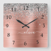 Rose aus gebürstetem Metall Gold Silber Glitzer Mo Quadratische Wanduhr (Vorderseite)